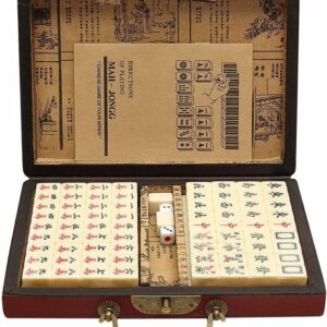 Florauspicious Chinese Mahjong Set, Traditional Majong Sets Chinese with 146PCS 0.87" x 0.59" x 0.47" Mini Mahjong Tiles, 2PCS Dot Dice & 6.7” Wooden Carry Case for Travel, Family Gathering, Party