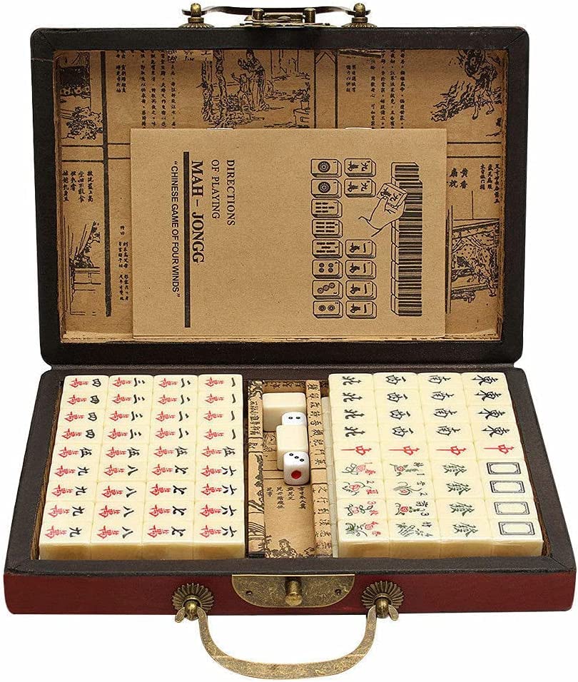 Florauspicious Chinese Mahjong Set, Traditional Majong Sets Chinese with 146PCS 0.87" x 0.59" x 0.47" Mini Mahjong Tiles, 2PCS Dot Dice & 6.7” Wooden Carry Case for Travel, Family Gathering, Party