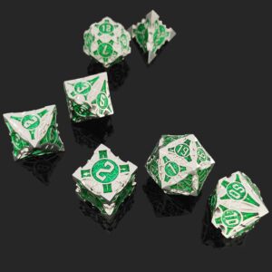 AJKDEUIH Metal DND Dice Set 7pcs D&D Dungeons and Dragons Gifts Polyhedral RPG Pathfinder MTG Card Table Game Accessories D20 D12 D10 D% D8 D6 D4 with Black Storage Bag -Silver Green