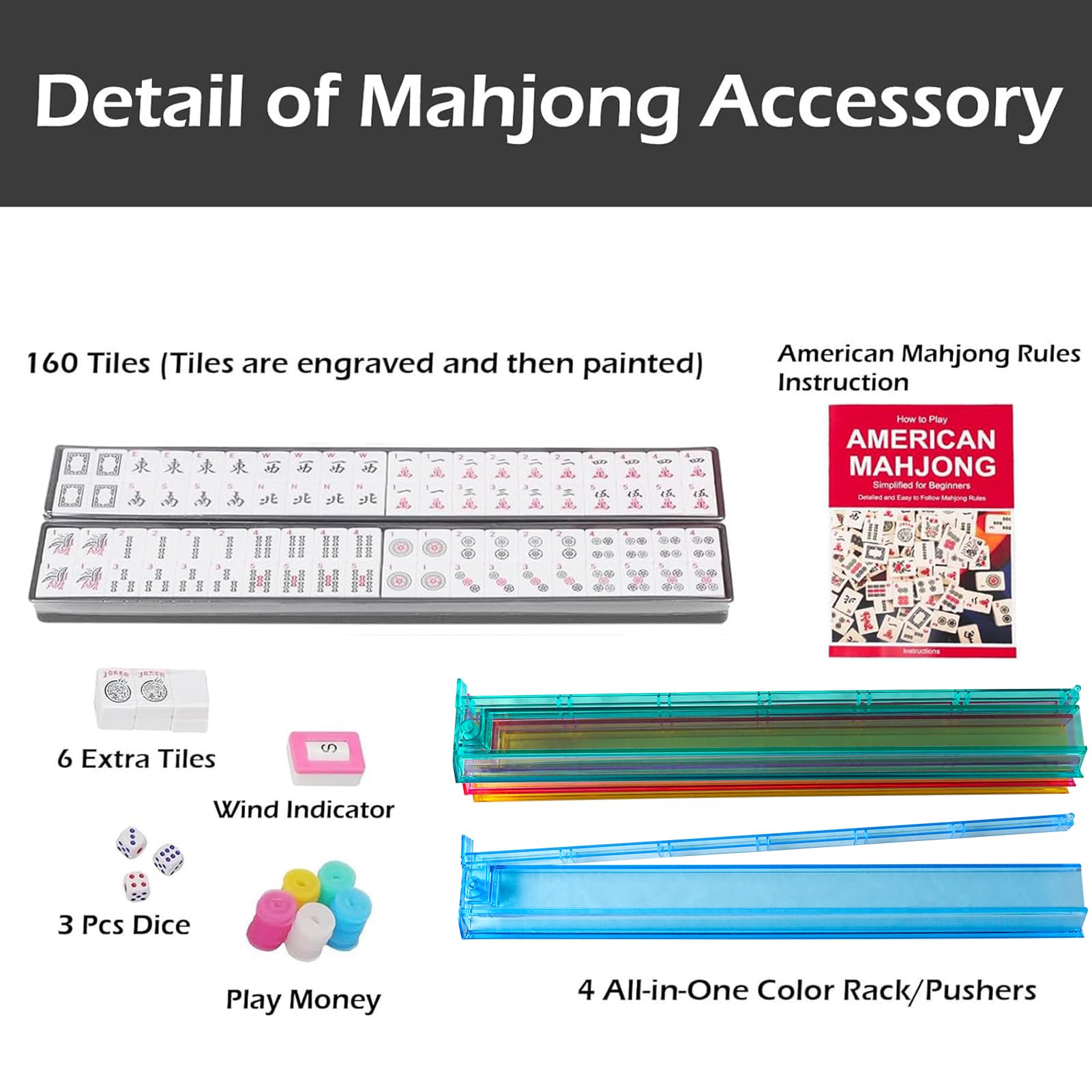 GUSTARIA American Mahjong Game Set,166 Premium White Tiles,4 All-in-One Color Rack/Pushers,100 Chips,1 Wind Indicator,Durable Black Soft Bag,Easy Carry Western Mahjongg with Mahjong Mat