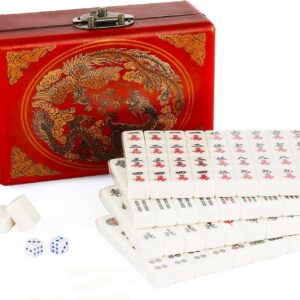 Florauspicious Chinese Mahjong Set, Traditional Majong Sets Chinese with 146PCS 0.87" x 0.59" x 0.47" Mini Mahjong Tiles, 2PCS Dot Dice & 6.7” Wooden Carry Case for Travel, Family Gathering, Party