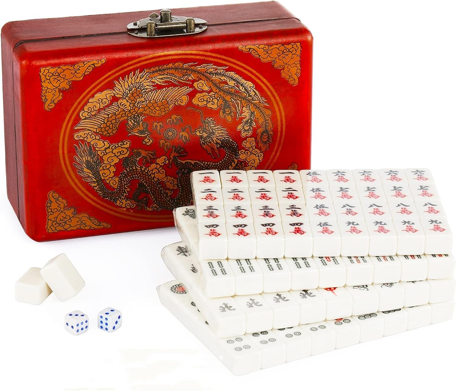 Florauspicious Chinese Mahjong Set, Traditional Majong Sets Chinese with 146PCS 0.87" x 0.59" x 0.47" Mini Mahjong Tiles, 2PCS Dot Dice & 6.7” Wooden Carry Case for Travel, Family Gathering, Party