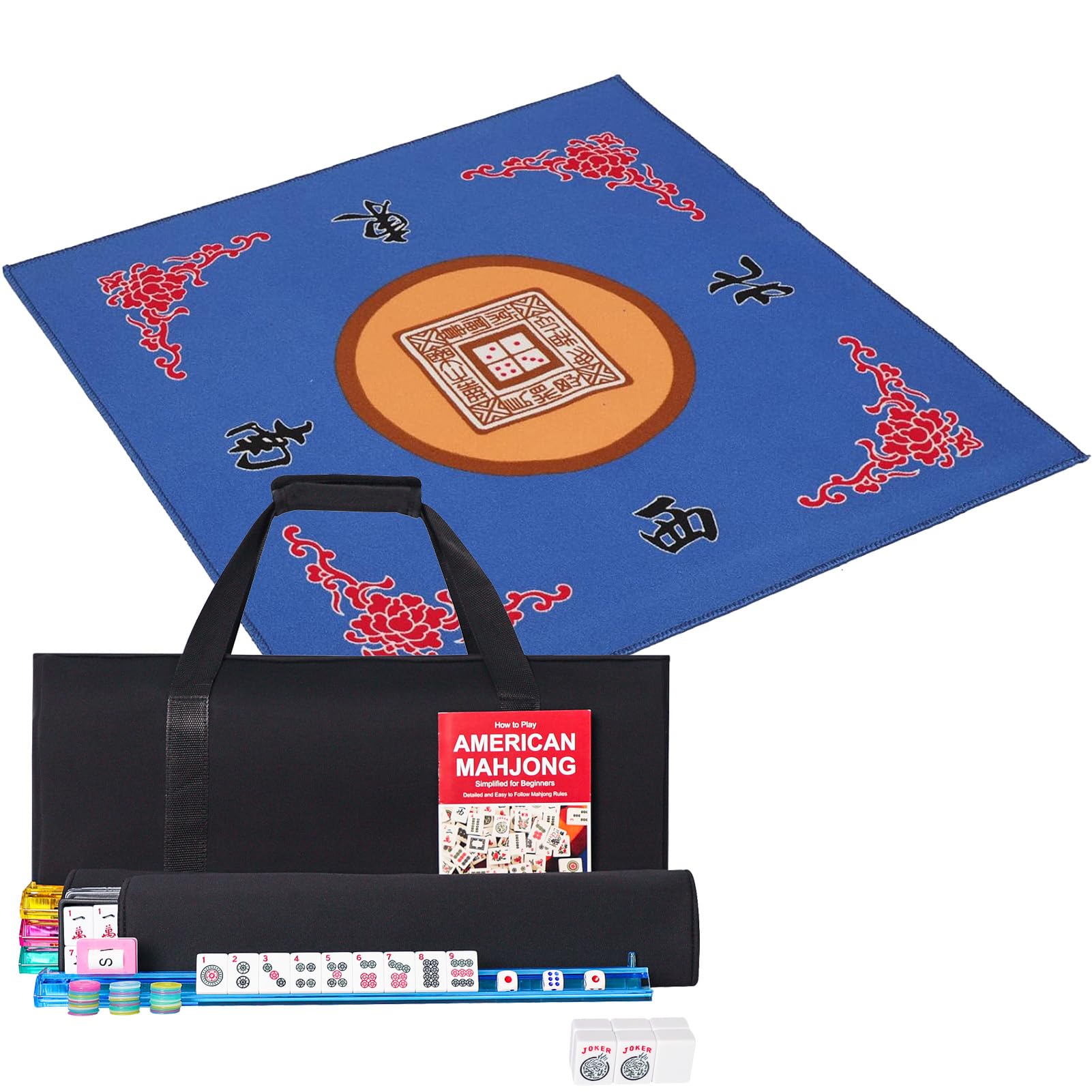 GUSTARIA American Mahjong Game Set,166 Premium White Tiles,4 All-in-One Color Rack/Pushers,100 Chips,1 Wind Indicator,Durable Black Soft Bag,Easy Carry Western Mahjongg with Mahjong Mat