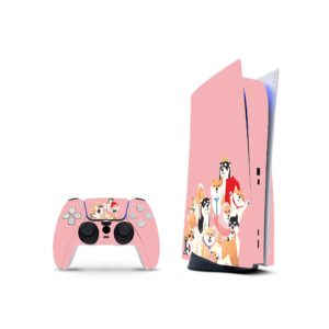 zoomhitskins compatible with ps5 digital version (no disk version) skin, shiba inu pink cute dog cartoon anime, durable, bubble-free, precisely cut