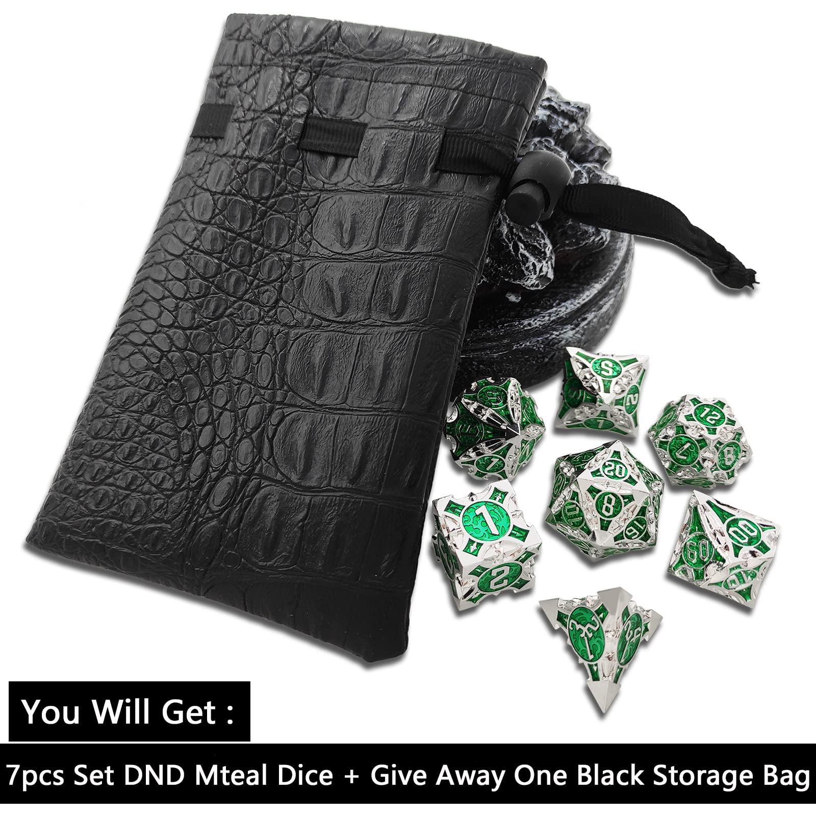 AJKDEUIH Metal DND Dice Set 7pcs D&D Dungeons and Dragons Gifts Polyhedral RPG Pathfinder MTG Card Table Game Accessories D20 D12 D10 D% D8 D6 D4 with Black Storage Bag -Silver Green