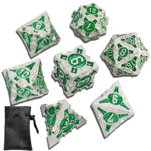 ajkdeuih metal dnd dice set 7pcs d&d dungeons and dragons gifts polyhedral rpg pathfinder mtg card table game accessories d20 d12 d10 d% d8 d6 d4 with black storage bag -silver green