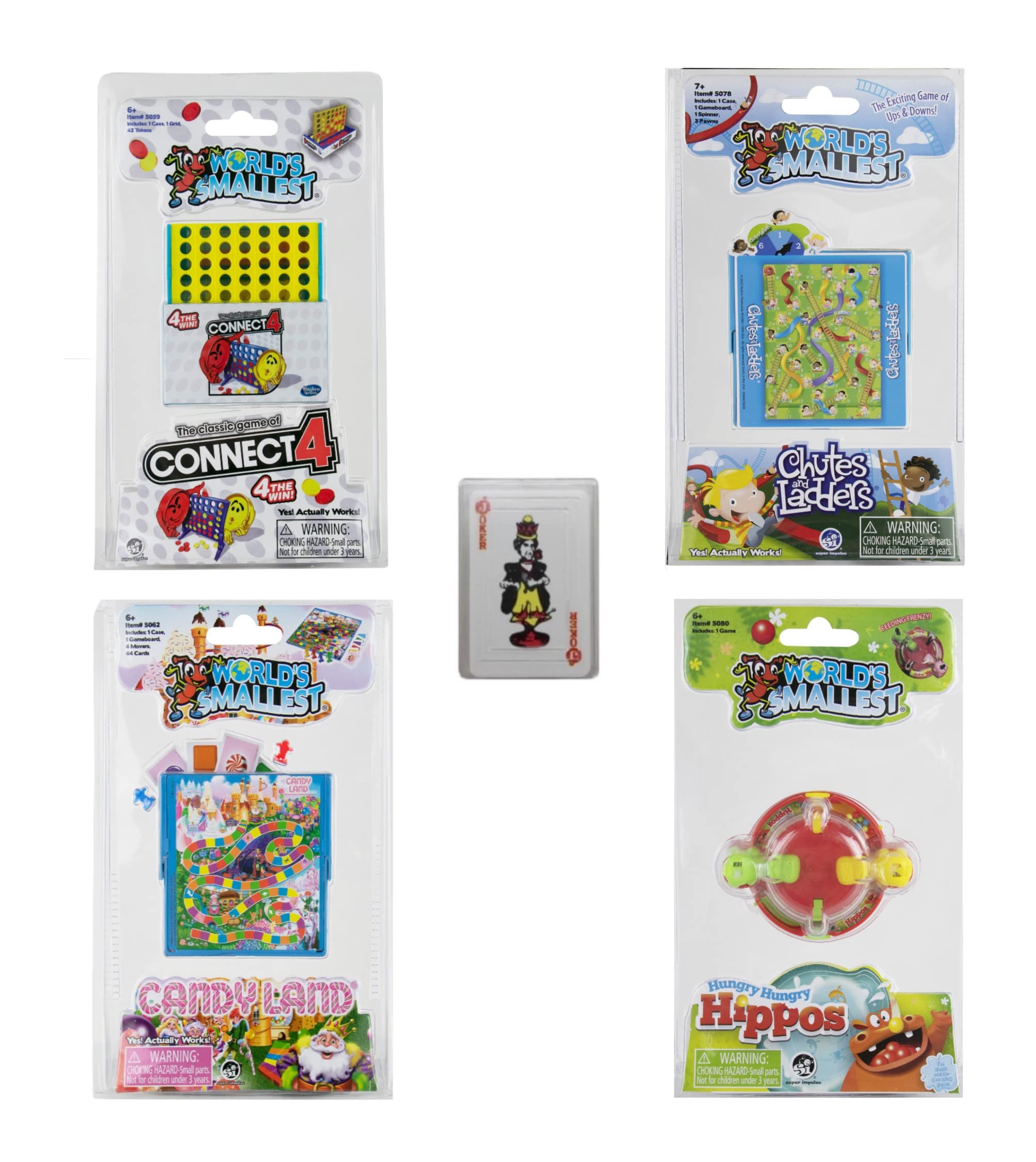 Worlds Smallest Miniature Classic Kids Games Bundle – Hungry Hungry Hippos – Chutes & Ladders – Candyland – Connect 4 with Bonus Miniature Playing Cards