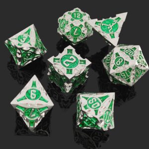 AJKDEUIH Metal DND Dice Set 7pcs D&D Dungeons and Dragons Gifts Polyhedral RPG Pathfinder MTG Card Table Game Accessories D20 D12 D10 D% D8 D6 D4 with Black Storage Bag -Silver Green