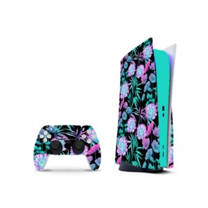 ZOOMHITSKINS Compatible with PS5 Skin, Water Lily Lotus Black Green Purple Neon Flowers, Durable, Bubble-Free, W/Disk Version, Precisely Cut