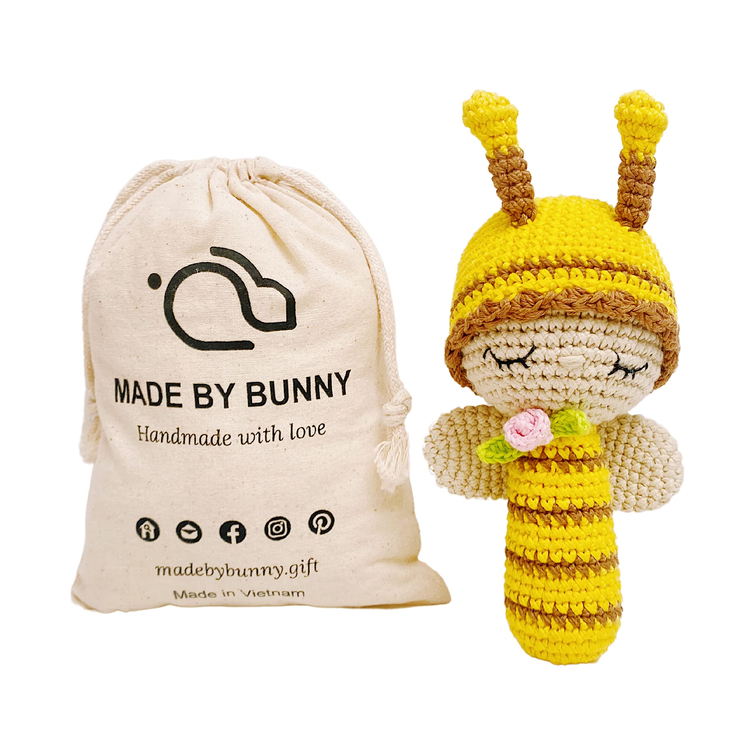 Bunny Sleeping Bee Rattle, Eye-catching Colored Toy for Toddlers, Handmade Woolen Toy with Strict Quality Testing Process, Baby Wooden teethers