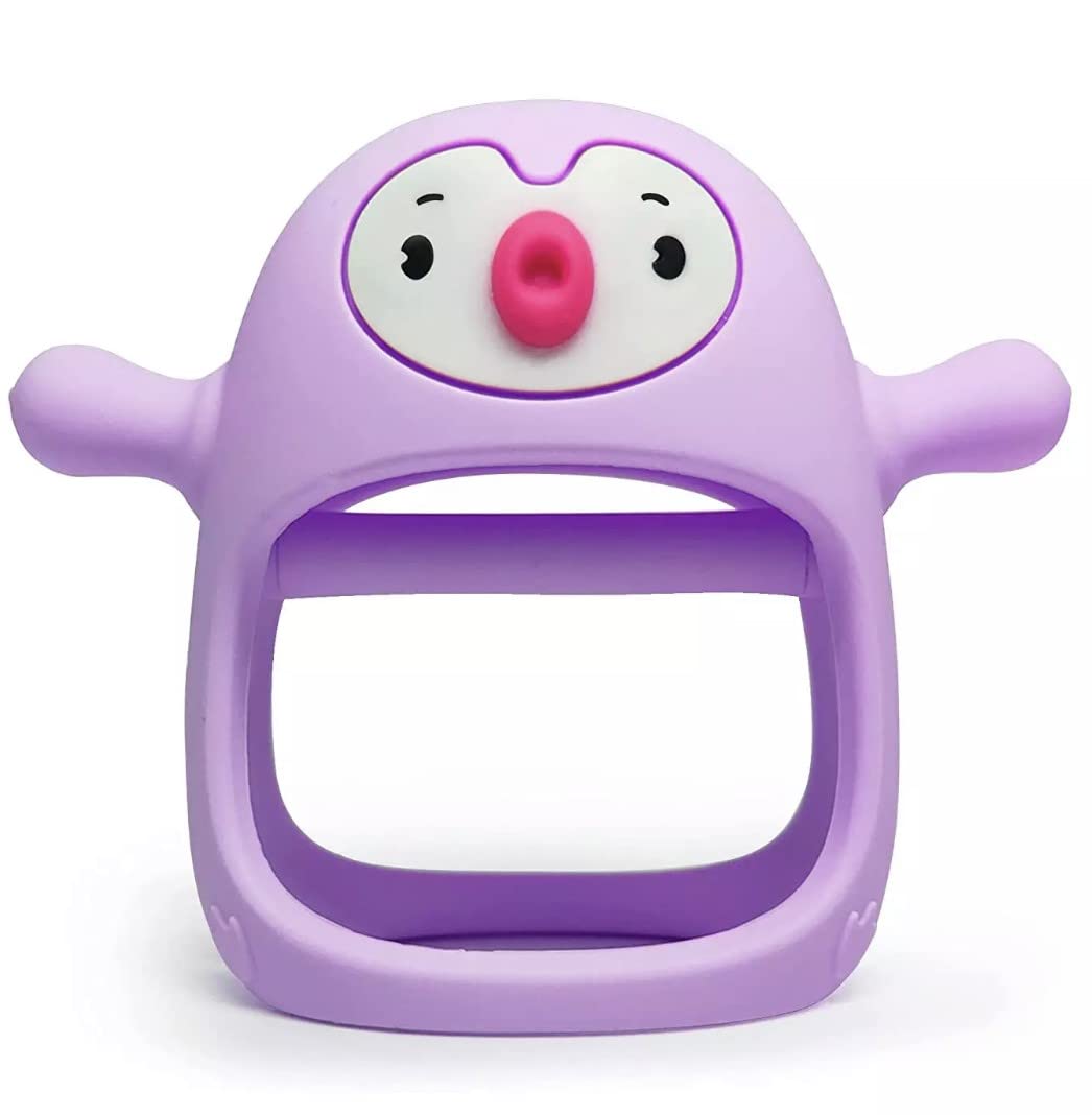 Wearable Penguin Teether, Never Drop Silicone Baby Teething Toy for Infants, Chew Toys for Sucking Needs, Hand Pacifier for Breast Feeding Babies, Car Seat Toy for New Born (Purple)