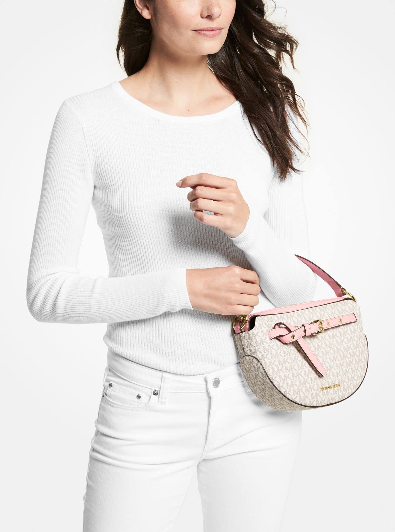 Michael Kors Emilia Half Moon Medium Shoulder Bag Logo Crossbody Vanilla Powder Blush