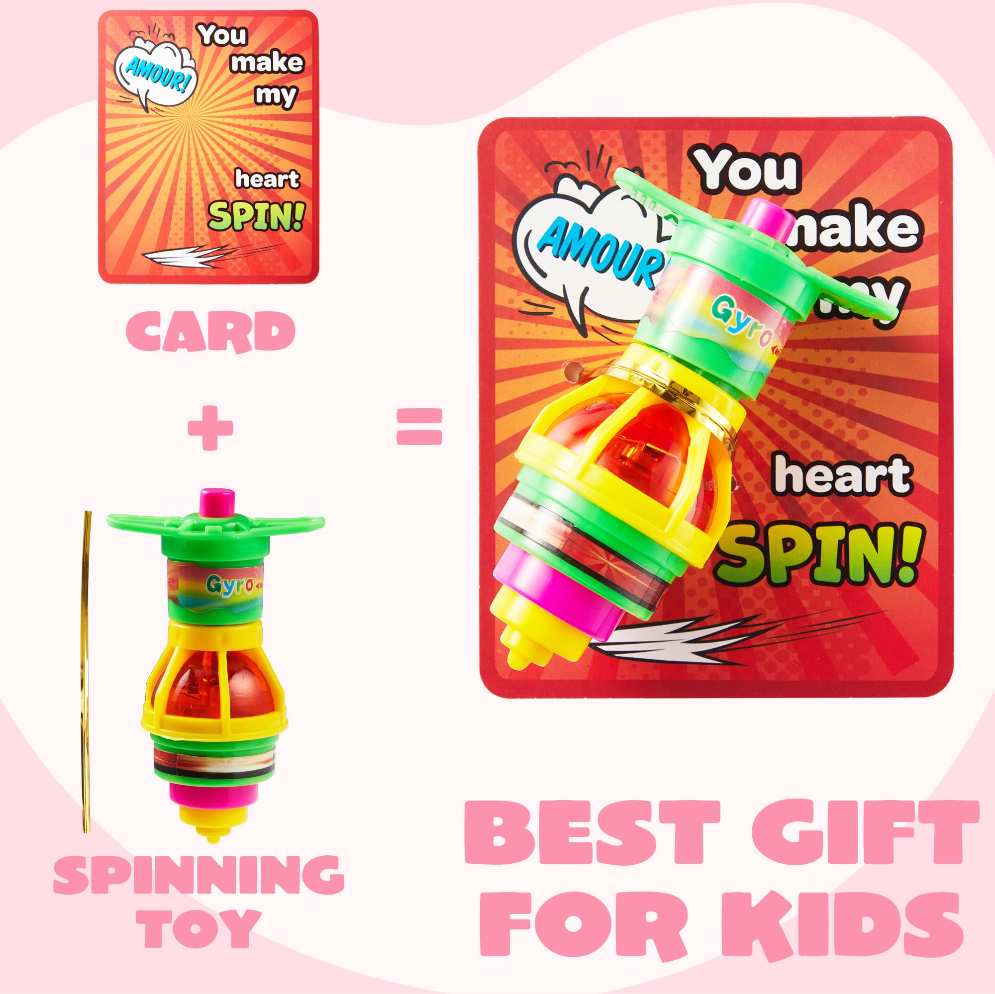 JOYIN 28 Packs Valentine's Day Gift Cards with Light up Spinning Tops, LED UFO Gyroscope Flashing Lights for Valentine Party Favors Toys,Classroom Exchange Prizes,Valentines Day Cards for Kids School