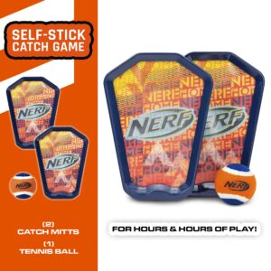 Nerf Toss and Catch Game with Paddles + Ball - Tennis Ball Catch Game with (2) Self- Stick Paddles - Perfect Kids Beach Toy + Backyard Game Set - Includes 2 Sticky Mitts + Tennis Ball