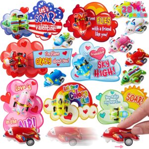 joyin 28 pack valentines day gift card with pull back airplanes, mini plane toy kits with greeting cards for birthday valentine party favor, classroom treat gift exchange, school game prize