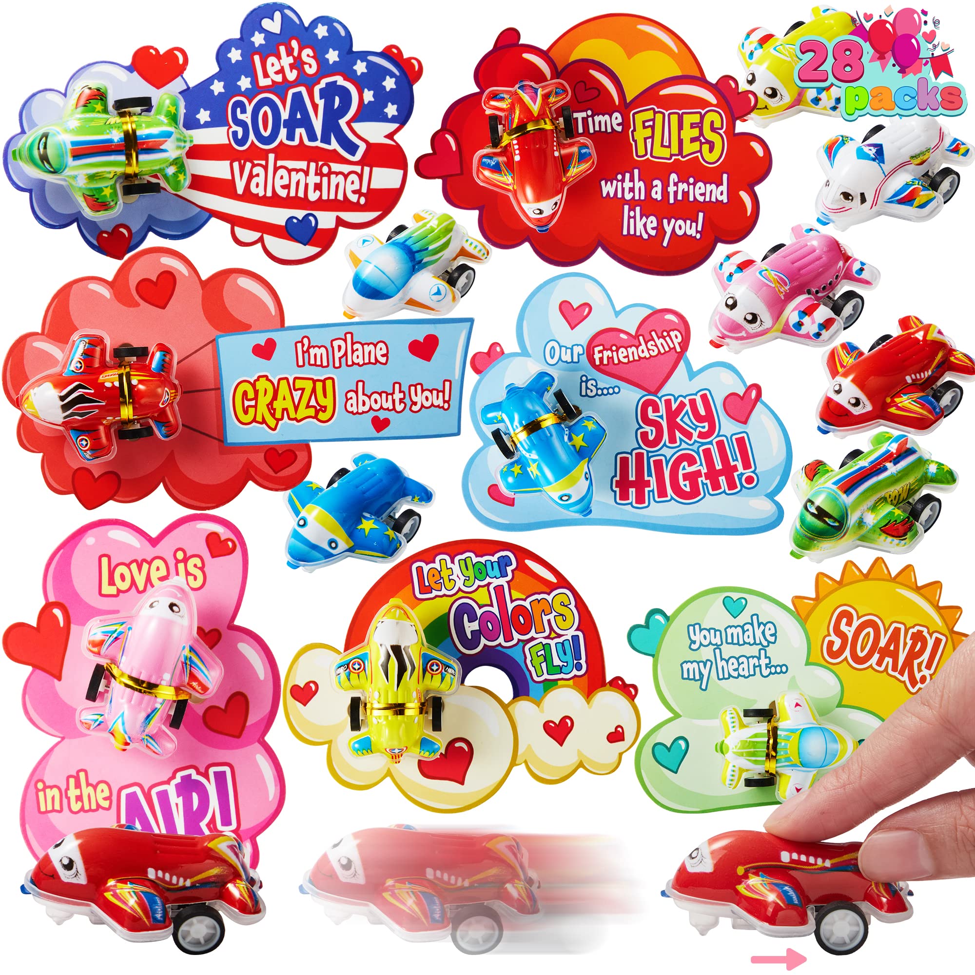 JOYIN 28 Pack Valentines Day Gift Card with Pull Back Airplanes, Mini Plane Toy Kits with Greeting Cards for Birthday Valentine Party Favor, Classroom Treat Gift Exchange, School Game Prize