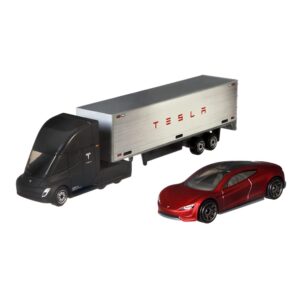 Matchbox Convoys Collectible Cars Die-cast Series - Inspired by Tesla Semi & Box Trailer and 2020 Roadster Gray, Red