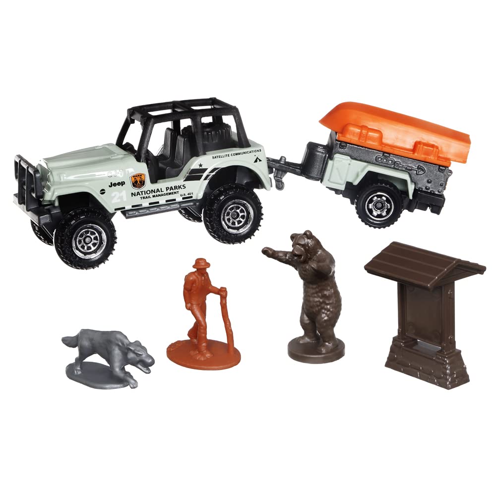 Matchbox Hitch & Haul Die-cast Vehicle Playset - Boating Bear Adventure ~ 6 Piece Set ~ Car CJ7 ~ Includes Trailer Trawler with Boat, Hiker, Bear, Wolf and Trailhead Sign