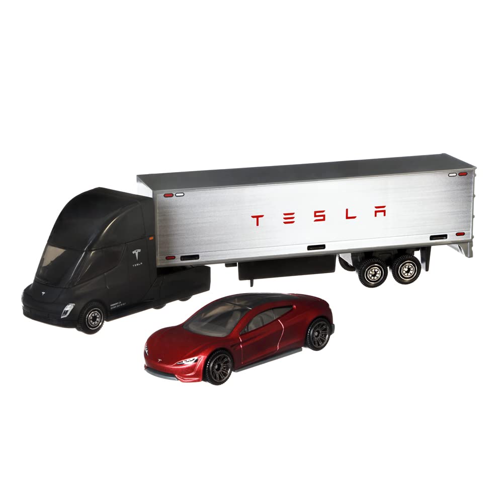 Matchbox Convoys Collectible Cars Die-cast Series - Inspired by Tesla Semi & Box Trailer and 2020 Roadster Gray, Red