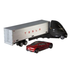 Matchbox Convoys Collectible Cars Die-cast Series - Inspired by Tesla Semi & Box Trailer and 2020 Roadster Gray, Red