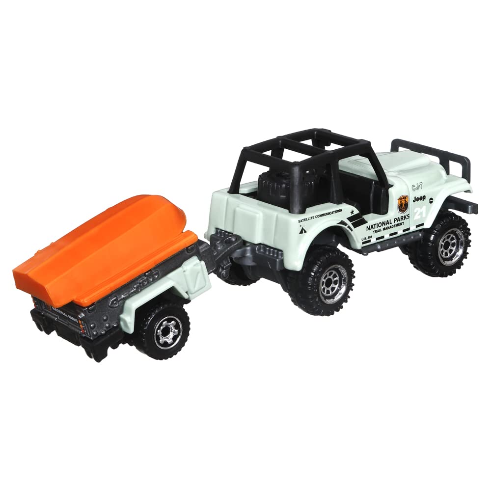 Matchbox Hitch & Haul Die-cast Vehicle Playset - Boating Bear Adventure ~ 6 Piece Set ~ Car CJ7 ~ Includes Trailer Trawler with Boat, Hiker, Bear, Wolf and Trailhead Sign