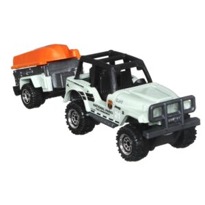 Matchbox Hitch & Haul Die-cast Vehicle Playset - Boating Bear Adventure ~ 6 Piece Set ~ Car CJ7 ~ Includes Trailer Trawler with Boat, Hiker, Bear, Wolf and Trailhead Sign