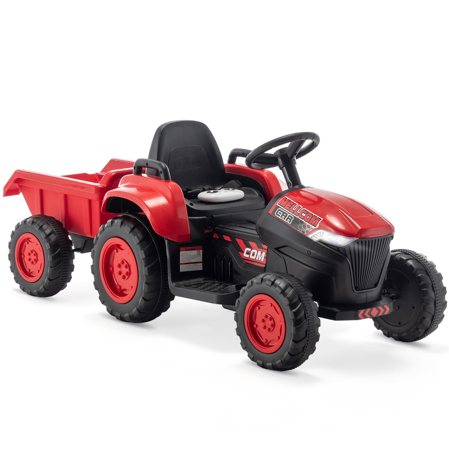 MELLCOM Ride on Tractor, 12V Electric Car Kids Electric Vehicles with Remote Control and Trailer, Ride On Car with 30W Dual Motors, Ride on Toys with Cool Lights, Music,USB, Red