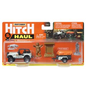 Matchbox Hitch & Haul Die-cast Vehicle Playset - Boating Bear Adventure ~ 6 Piece Set ~ Car CJ7 ~ Includes Trailer Trawler with Boat, Hiker, Bear, Wolf and Trailhead Sign