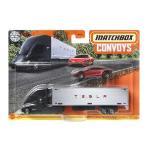 Matchbox Convoys Collectible Cars Die-cast Series - Inspired by Tesla Semi & Box Trailer and 2020 Roadster Gray, Red