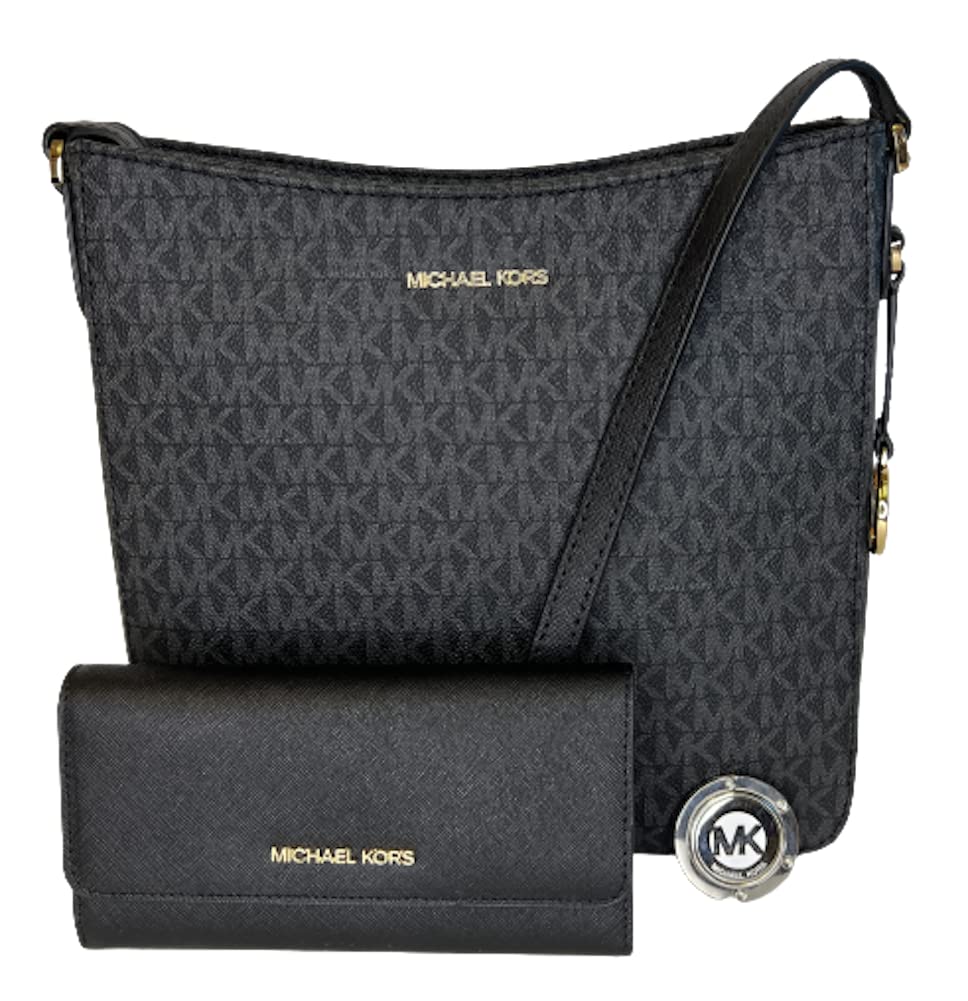 Michael Kors Jet Set Travel Large Messenger Crossbody bundle with Trifold Wallet Purse Hook (Signature MK Black Gold/Black)