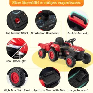 MELLCOM Ride on Tractor, 12V Electric Car Kids Electric Vehicles with Remote Control and Trailer, Ride On Car with 30W Dual Motors, Ride on Toys with Cool Lights, Music,USB, Red