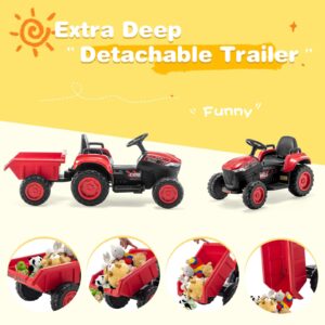 MELLCOM Ride on Tractor, 12V Electric Car Kids Electric Vehicles with Remote Control and Trailer, Ride On Car with 30W Dual Motors, Ride on Toys with Cool Lights, Music,USB, Red