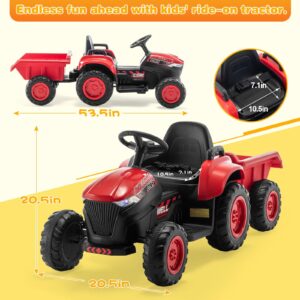 MELLCOM Ride on Tractor, 12V Electric Car Kids Electric Vehicles with Remote Control and Trailer, Ride On Car with 30W Dual Motors, Ride on Toys with Cool Lights, Music,USB, Red