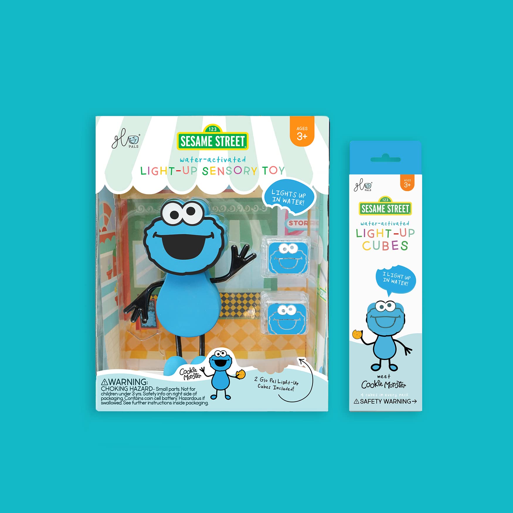 Glo Pals x Sesame Street Cookie Monster Water-Activated Bath Toy with 6 Reusable Light-Up Cubes for Sensory Play