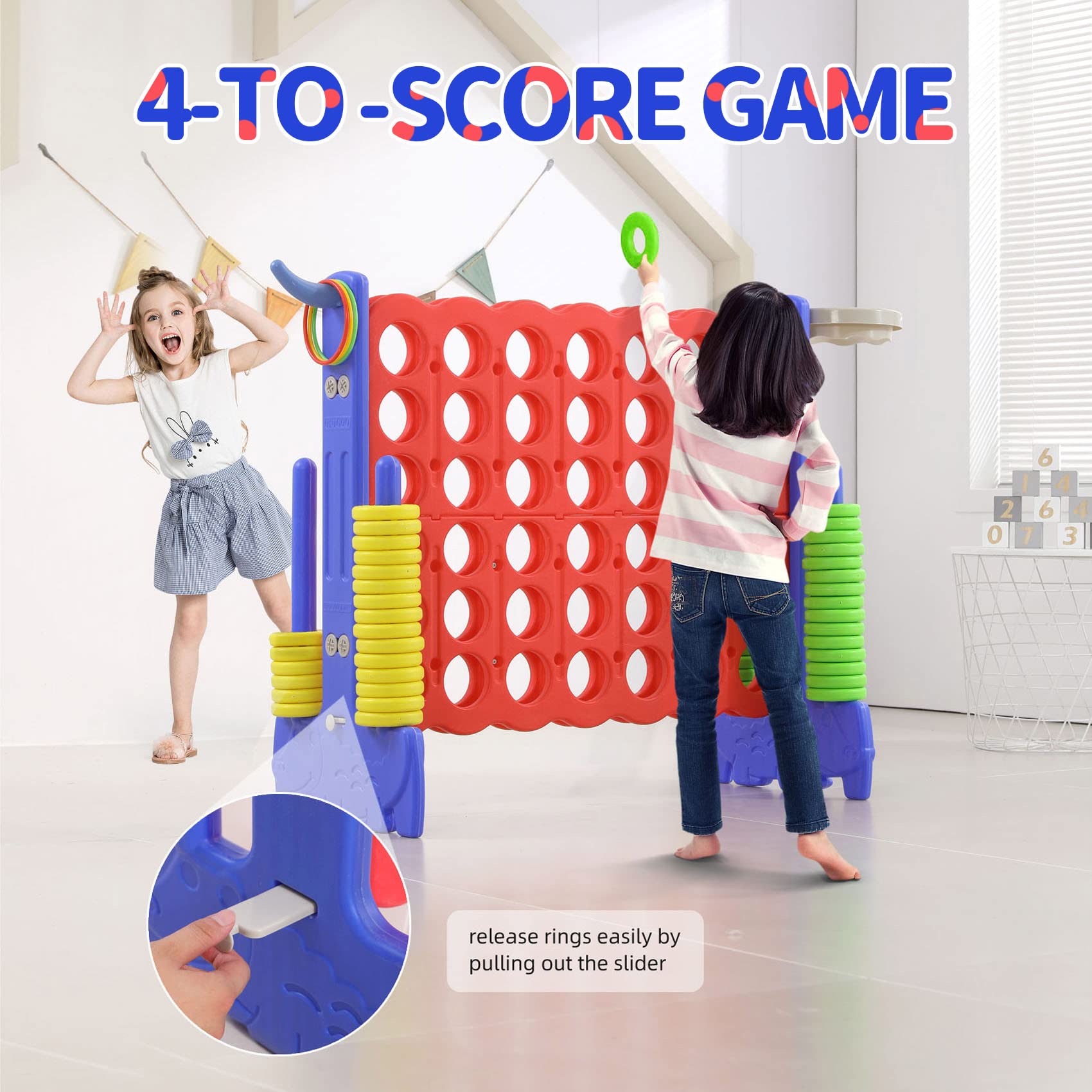 UNICOO - Giant 4 in a Row Game with Carrying Bag, Giant 4-to-Score Game Set with Basketball and Hoop, Ring Toss, Indoor & Outdoor Family Party Game for Kids & Adults (Red + Blue) For over 3 years old