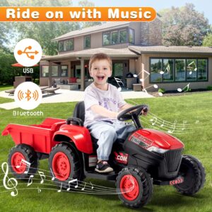 MELLCOM Ride on Tractor, 12V Electric Car Kids Electric Vehicles with Remote Control and Trailer, Ride On Car with 30W Dual Motors, Ride on Toys with Cool Lights, Music,USB, Red