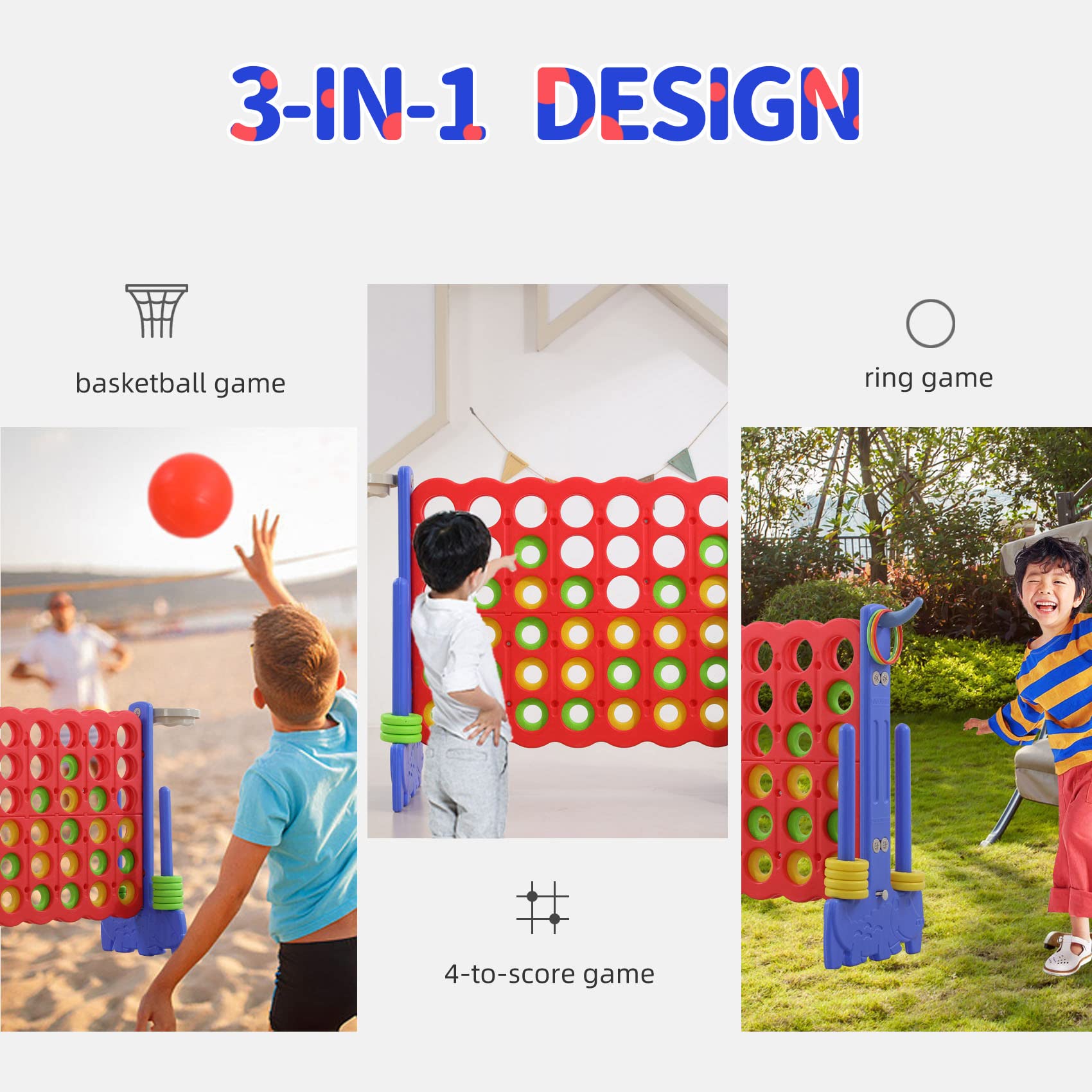 UNICOO - Giant 4 in a Row Game with Carrying Bag, Giant 4-to-Score Game Set with Basketball and Hoop, Ring Toss, Indoor & Outdoor Family Party Game for Kids & Adults (Red + Blue) For over 3 years old