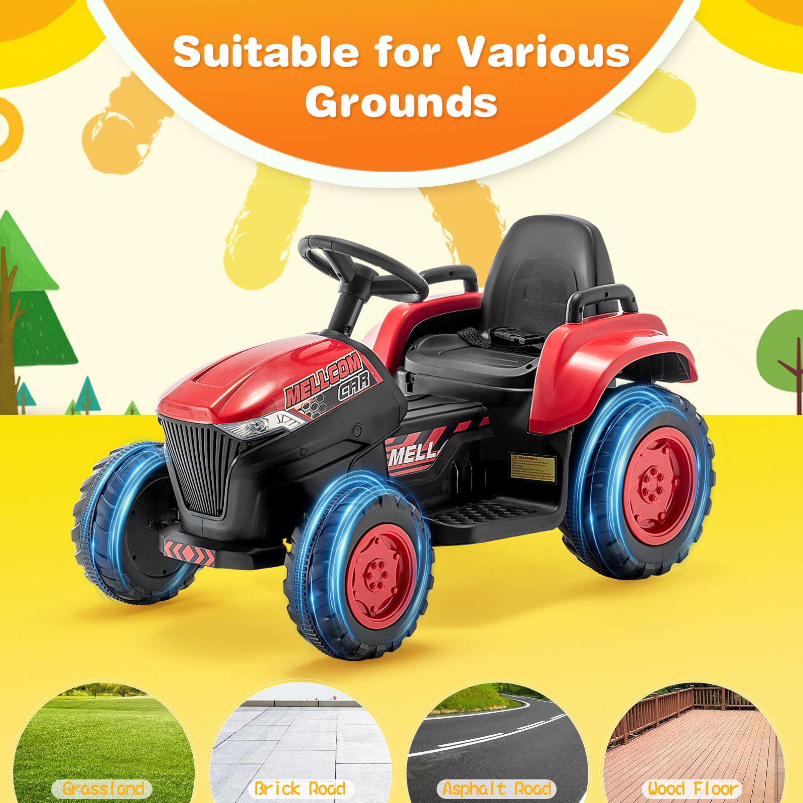 MELLCOM Ride on Tractor, 12V Electric Car Kids Electric Vehicles with Remote Control and Trailer, Ride On Car with 30W Dual Motors, Ride on Toys with Cool Lights, Music,USB, Red