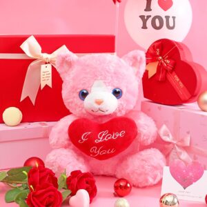 IKASA Cat Stuffed Animal Plush Toy Holding Heart with I Love You for Valentine Day,Cute 11" Soft Small Toy,Valentine’s Day Gifts for Girlfriend (Cat)