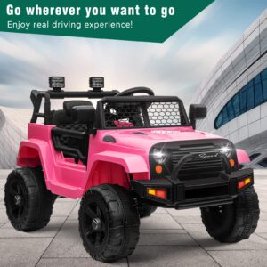 OTTARO 12V Kids Ride on Car Truck,Electric Cars for Kids w/Parent Remote Control, Spring Suspension, LED Lights, Safety Belt(Pink)