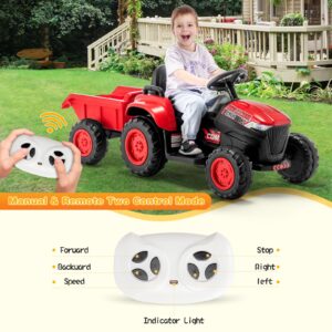 MELLCOM Ride on Tractor, 12V Electric Car Kids Electric Vehicles with Remote Control and Trailer, Ride On Car with 30W Dual Motors, Ride on Toys with Cool Lights, Music,USB, Red