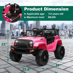 OTTARO 12V Kids Ride on Car Truck,Electric Cars for Kids w/Parent Remote Control, Spring Suspension, LED Lights, Safety Belt(Pink)