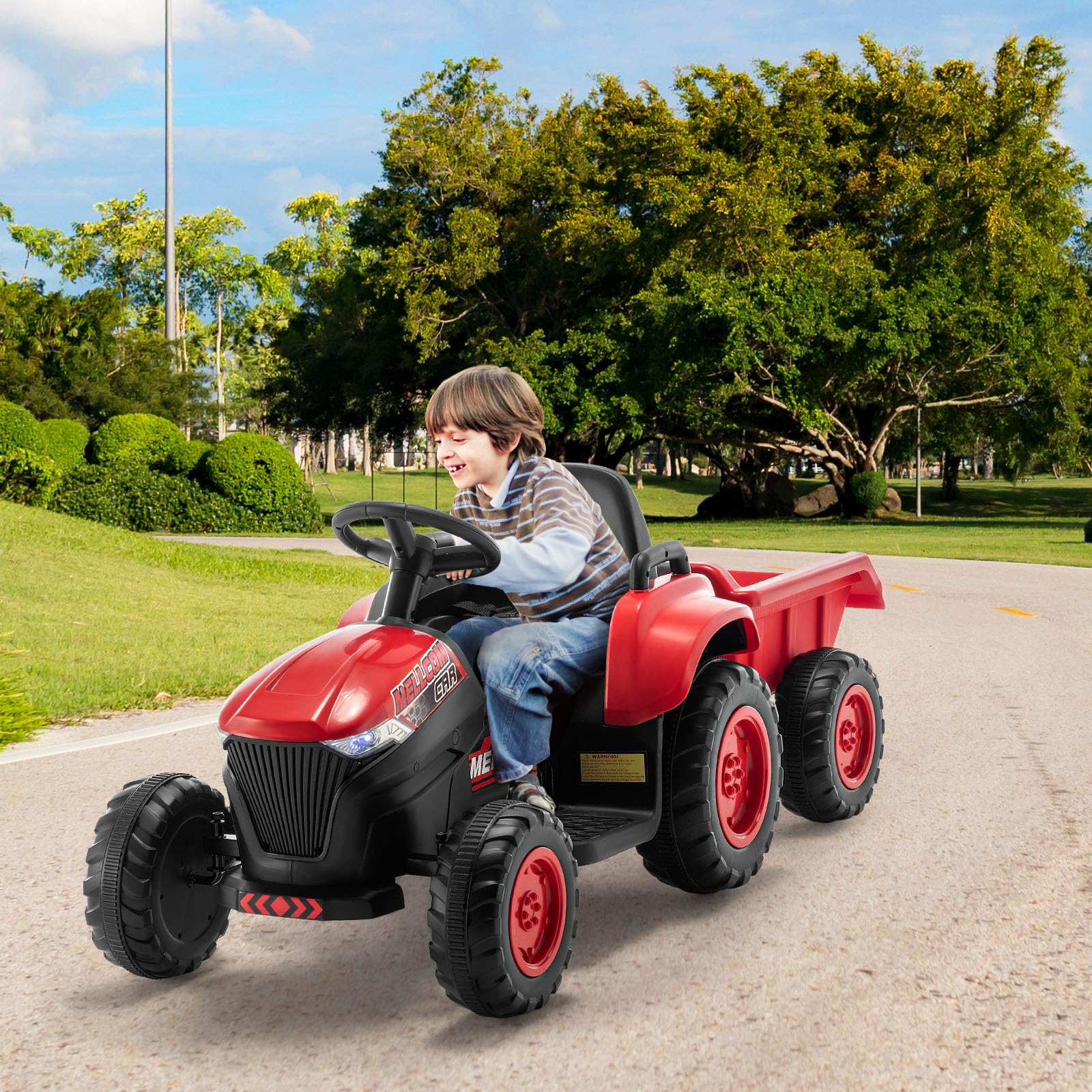 MELLCOM Ride on Tractor, 12V Electric Car Kids Electric Vehicles with Remote Control and Trailer, Ride On Car with 30W Dual Motors, Ride on Toys with Cool Lights, Music,USB, Red