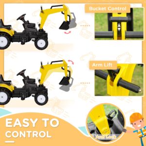 Aosom Kids Ride On Excavator, Pedal Digger, Construction Truck with Horn for Kids and Toddlers 3+, Yellow