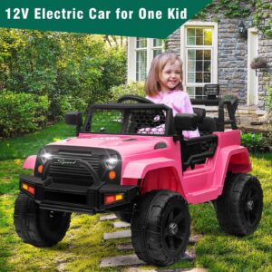 OTTARO 12V Kids Ride on Car Truck,Electric Cars for Kids w/Parent Remote Control, Spring Suspension, LED Lights, Safety Belt(Pink)