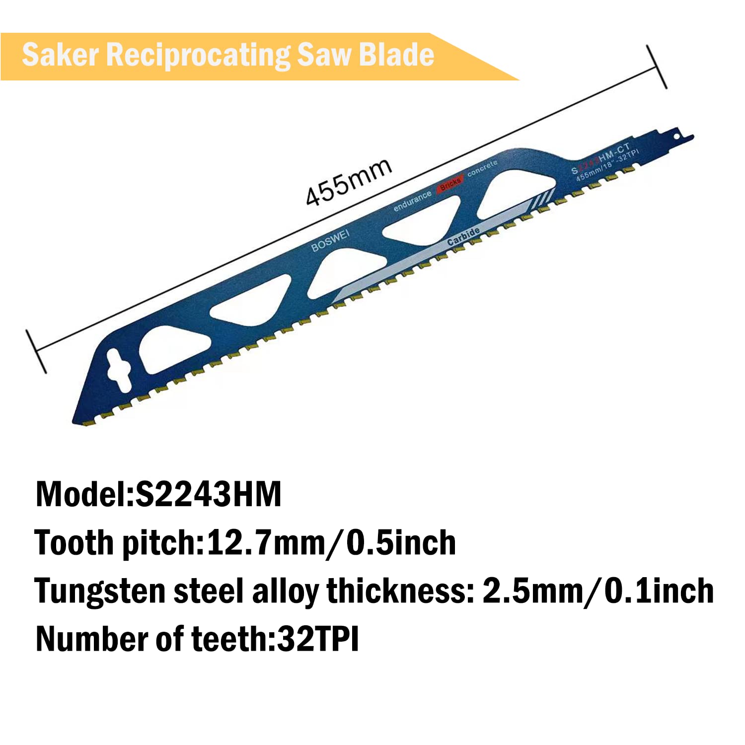 BOSWEI 18 inch 20TPI Reciprocating Saw Blade Demolition Masonry Hard Alloy Saw Blades, Pruning Blades Suitable for Cutting Tiny Wood, Porous Concrete, Brick