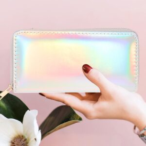 TENDYCOCO Sparking Cell Pouch Wallet Clutch Carteras Pu Women Female Coin Leather Long Wallets Credit Rainbow Portfel Shining Silver Zipper Holographic Slim Bag Purses Iridescent Girls for