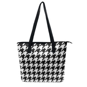 Women's Fashion PU Leather Shoulder Bags Lightweight Water Resistant Durable Large Capacity Tote Purse Work Travel Weekend Handbag (Abstract Modern Striped Houndstooth And Watercolor Effect Black)