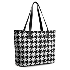 Women's Fashion PU Leather Shoulder Bags Lightweight Water Resistant Durable Large Capacity Tote Purse Work Travel Weekend Handbag (Abstract Modern Striped Houndstooth And Watercolor Effect Black)