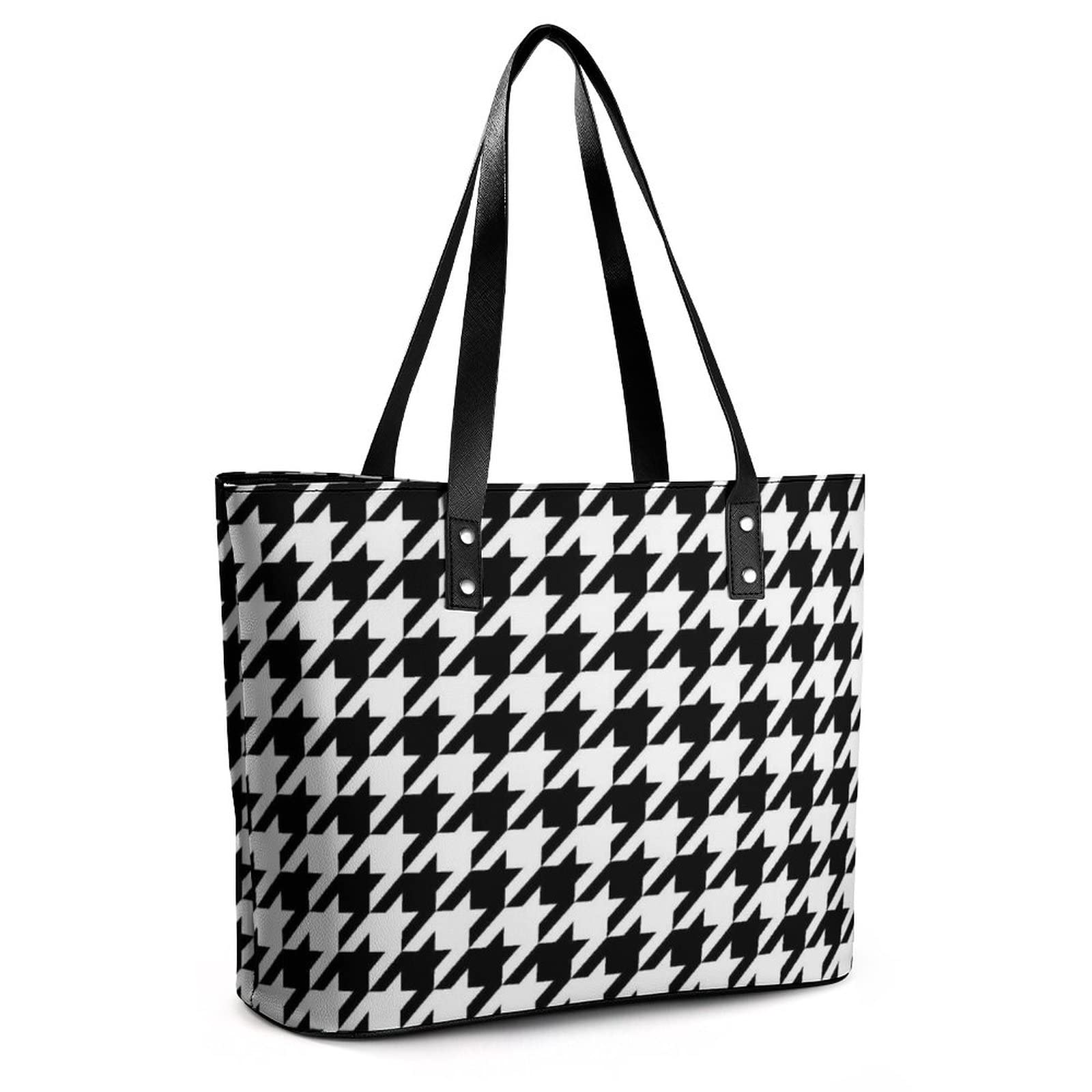 Women's Fashion PU Leather Shoulder Bags Lightweight Water Resistant Durable Large Capacity Tote Purse Work Travel Weekend Handbag (Abstract Modern Striped Houndstooth And Watercolor Effect Black)